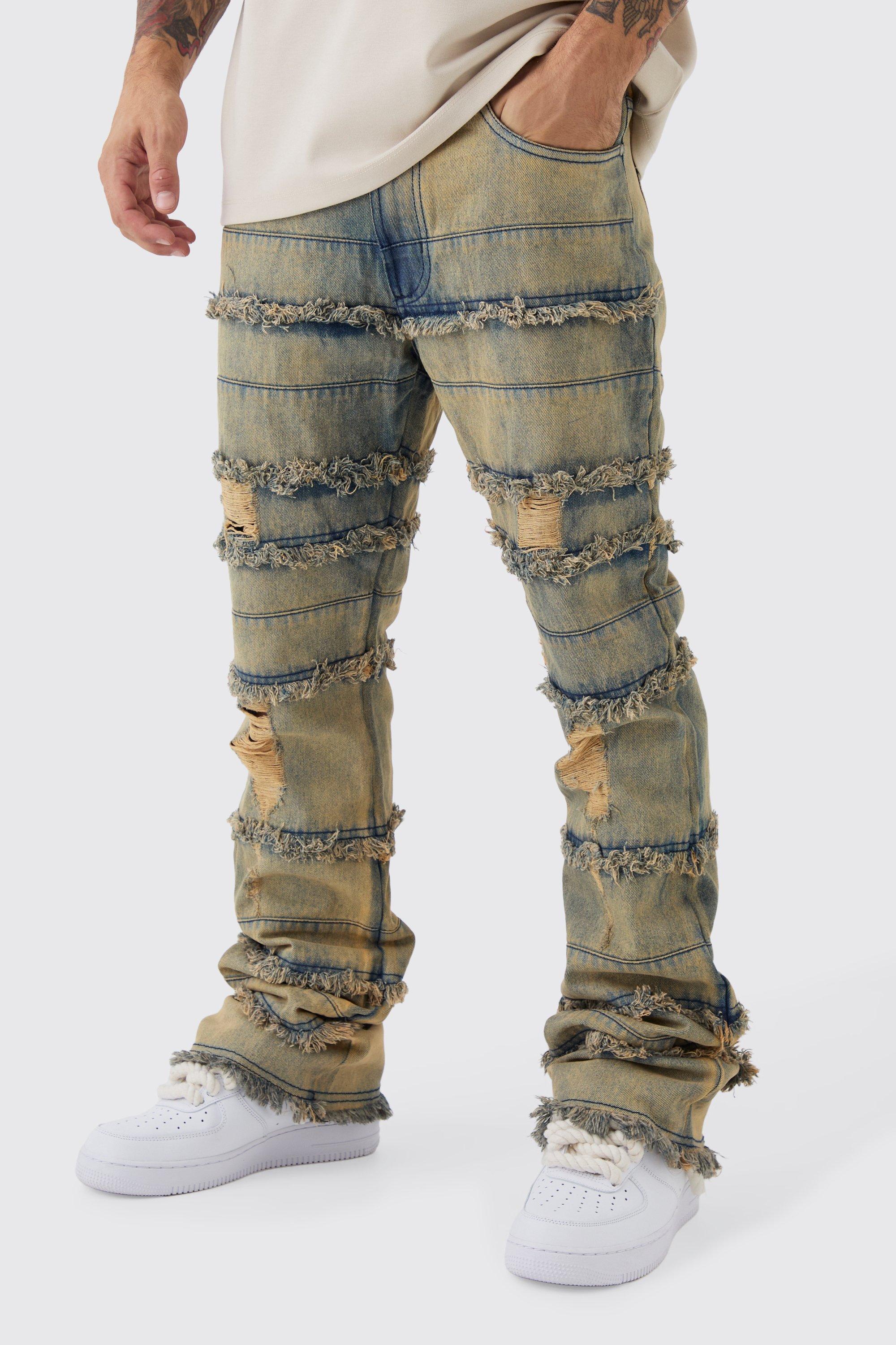 Mens Blue Slim Flared Ripped Distressed Panelled Jeans, Blue